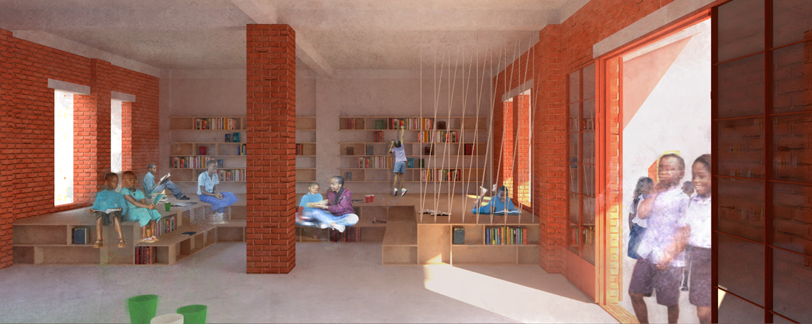 a visualisation of the new centre with children reading and playing indoors
